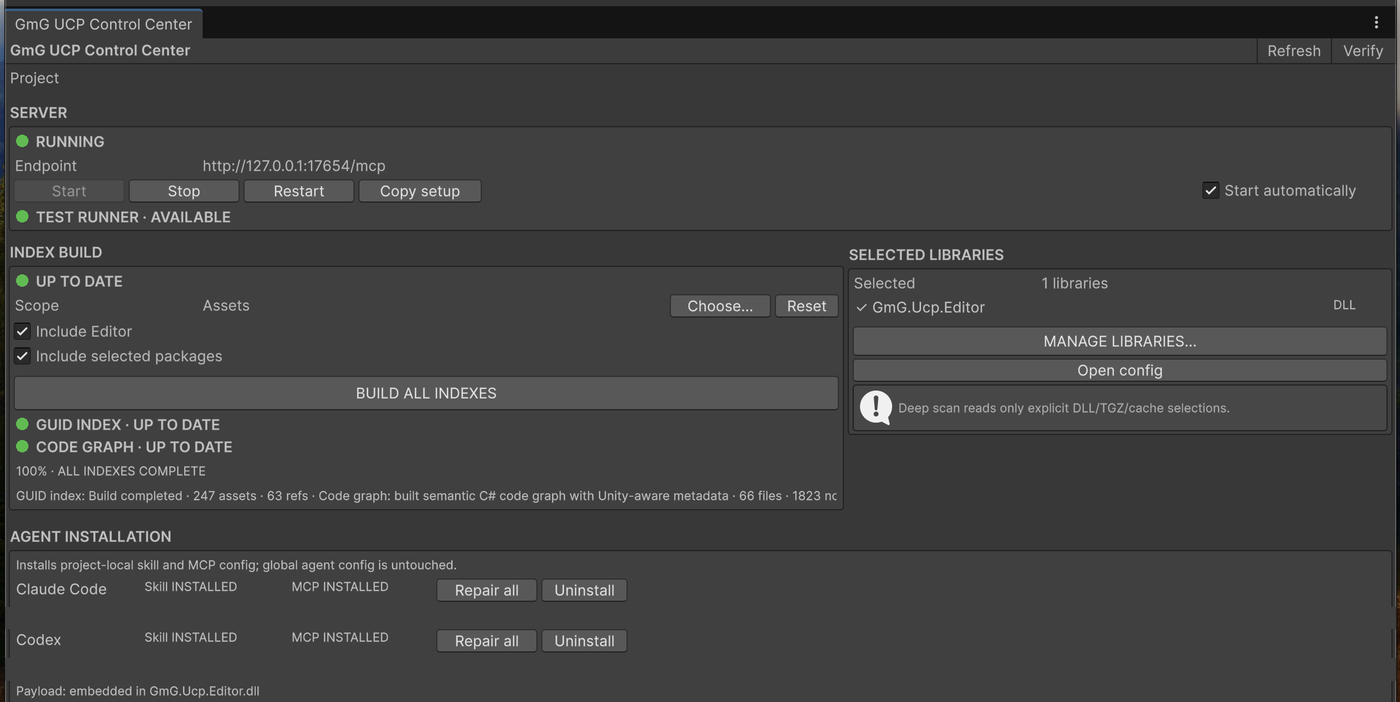 GmG UCP Control Center showing Unity project controls, index status and agent installation